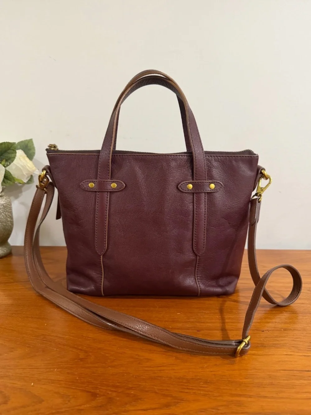 Fossil Felicity Bordeaux Leather Satchel Tote Bag Purse